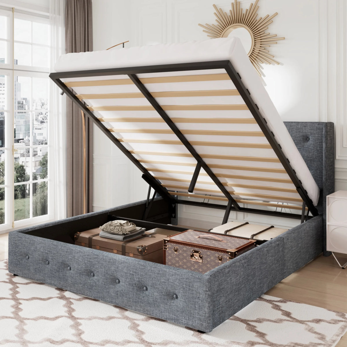 Queen Size Lift Up Platform Storage Bed Frame with Wingback Headboard Light Beige N322