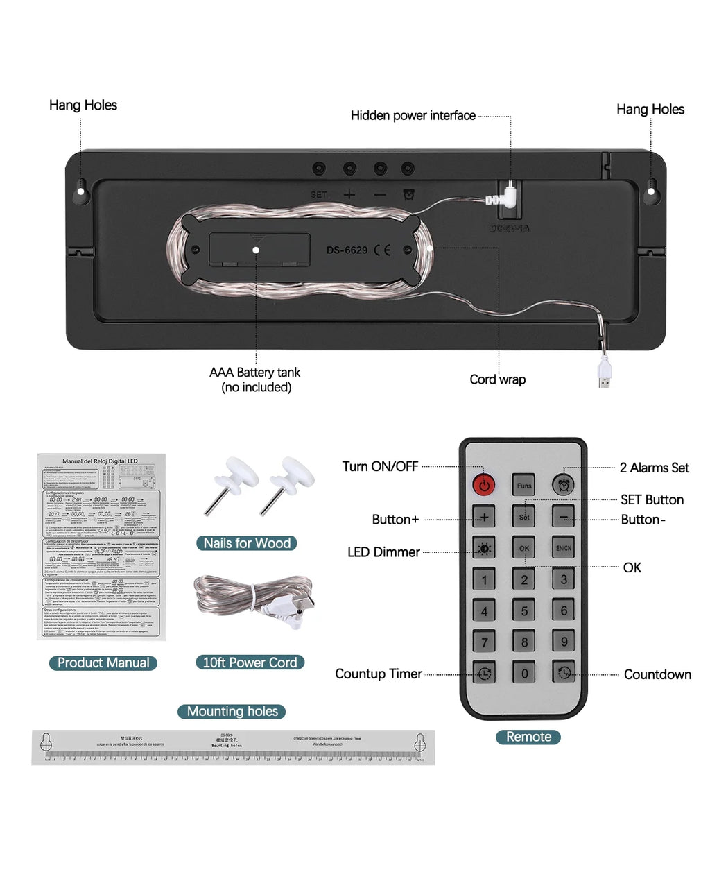 Digital Wall Clock with Large LED Display, Loud Alarm, Remote Control H8634