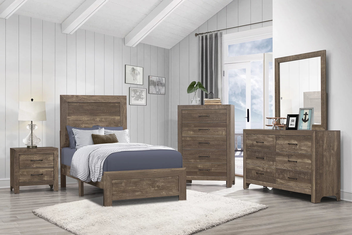 Twin Size Sleigh Bed Dresser Mirror Night Stand Rustic Brown E1150