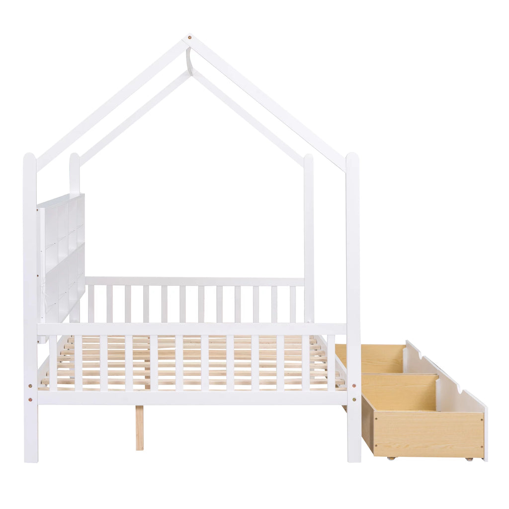 White Wood Full House Bed with Storage Drawers and Shelves R8030
