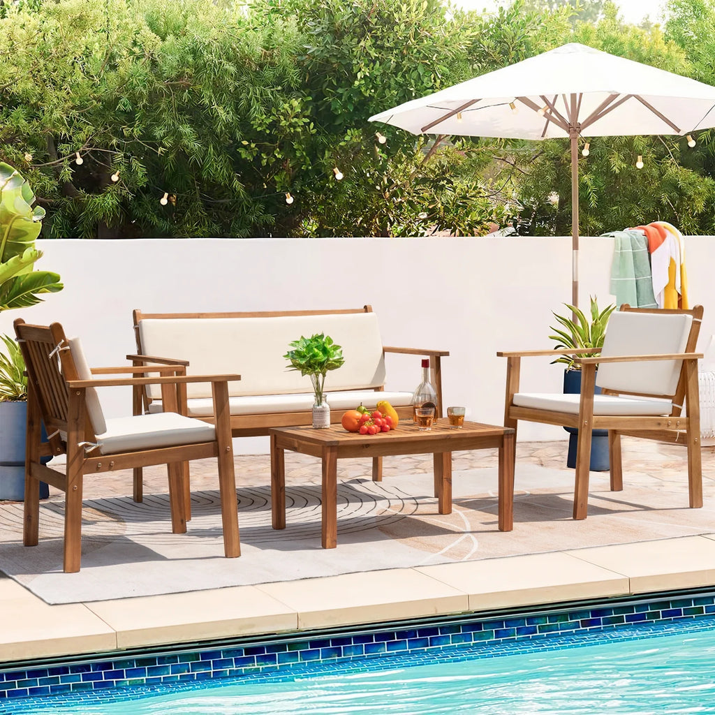 3 Pieces Acacia Patio Conversation Set with Cushions and Side Table T2283