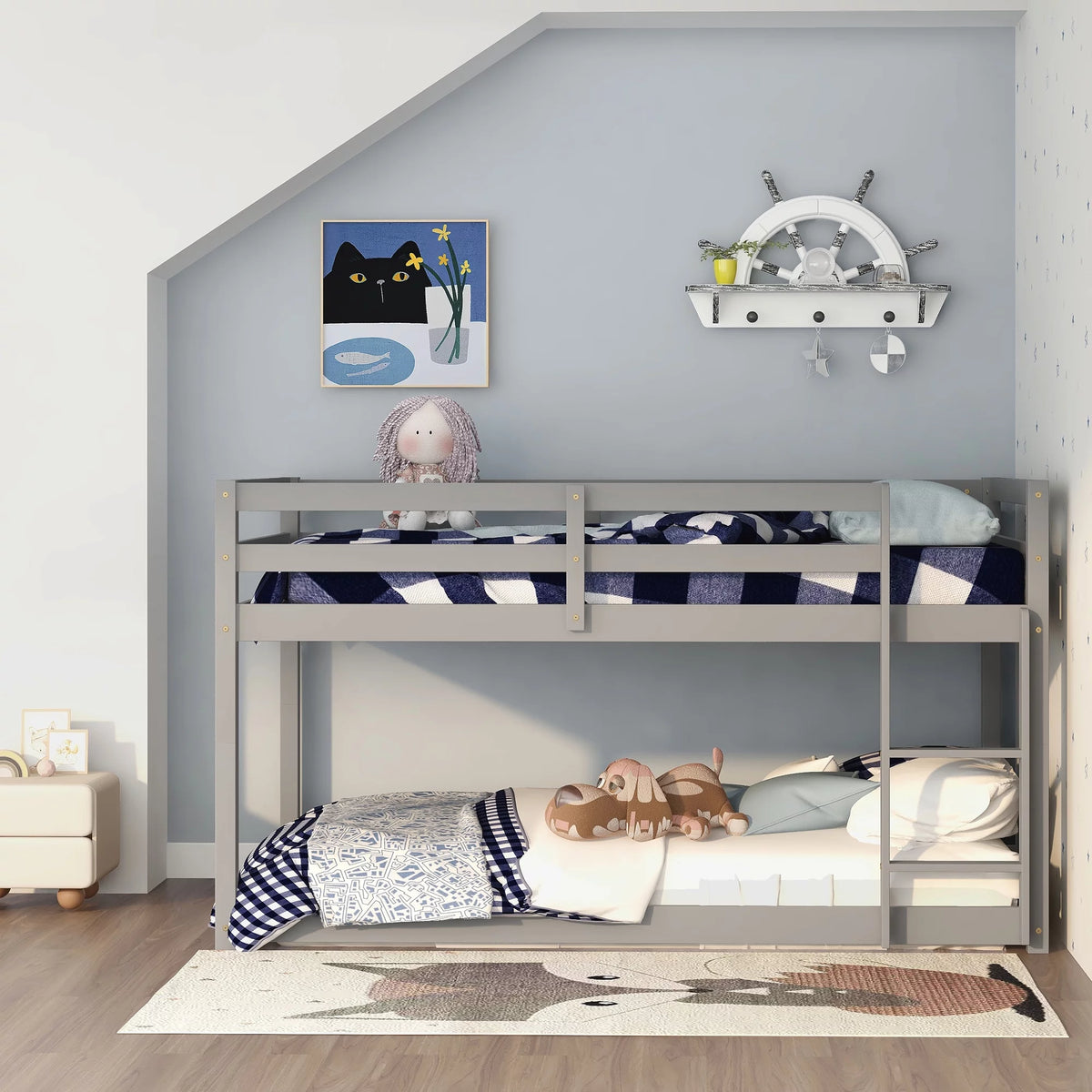 Gray Wood Twin over Twin Bunk Bed with Ladder and Guard Rails W993698