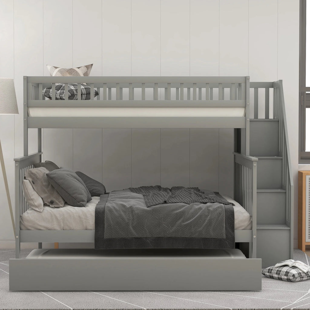 Twin over Full Bunk Bed with Trundle and Staircase, Gray Solid Wood H4270