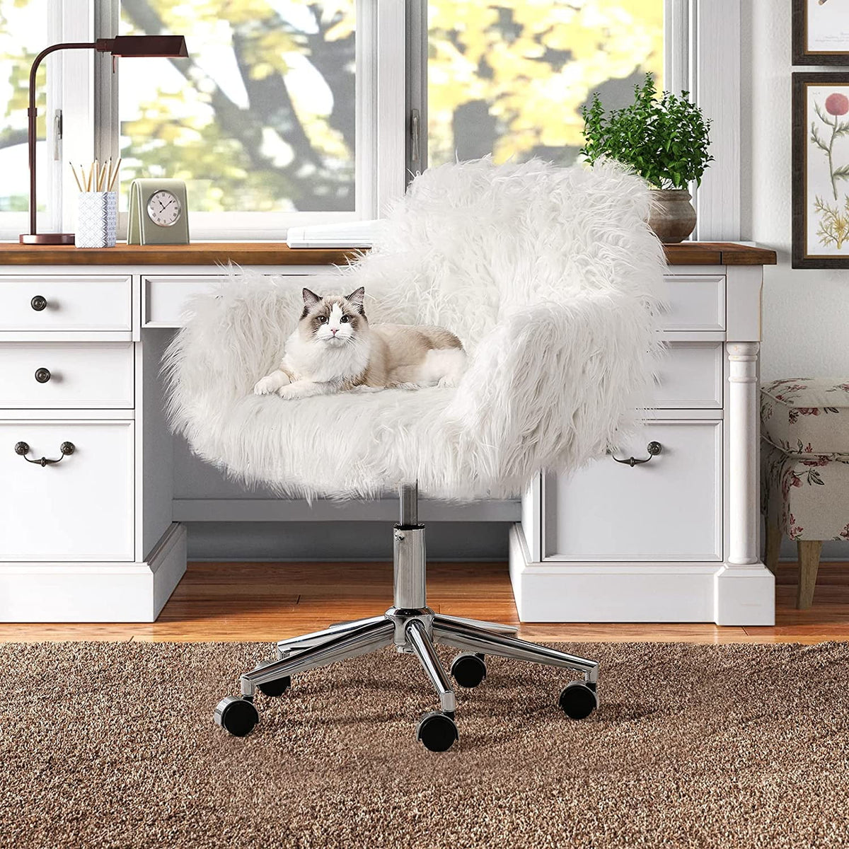 White Faux Fur Upholstered Swivel Vanity Chair K277