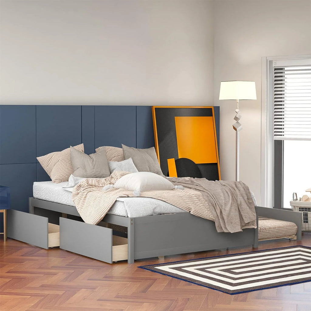 Full Size Wood Platform Bed with Trundle and 2 Drawers T661142