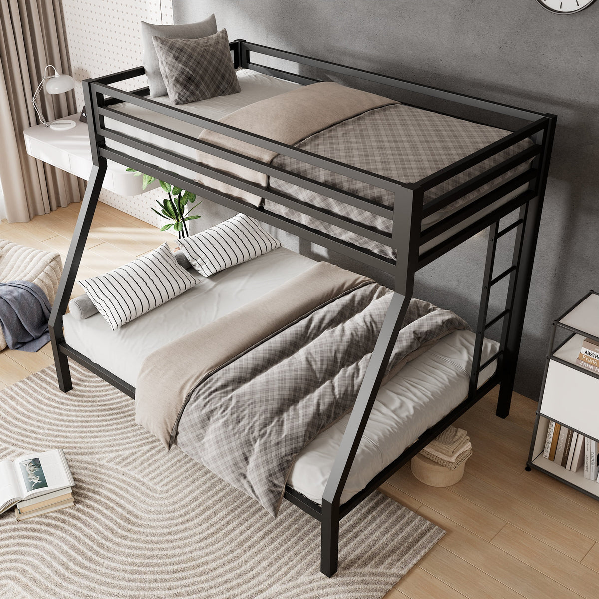 Twin Over Full Black Metal Bunk Bed with Stairs L57156