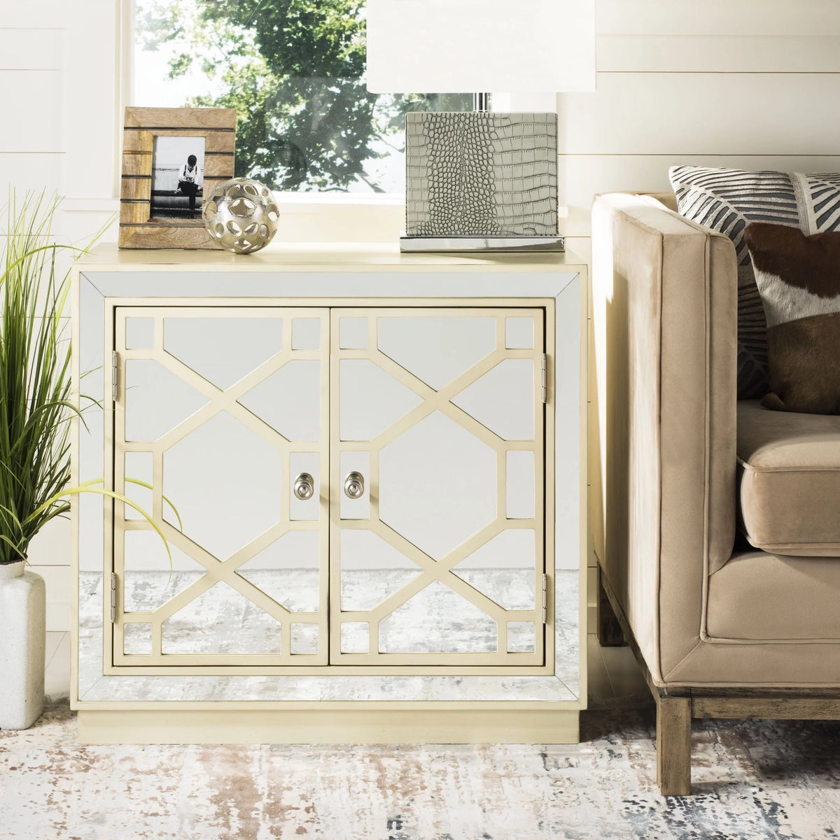 Antique Beige Nickel 2 Door Mirror Chest S4626