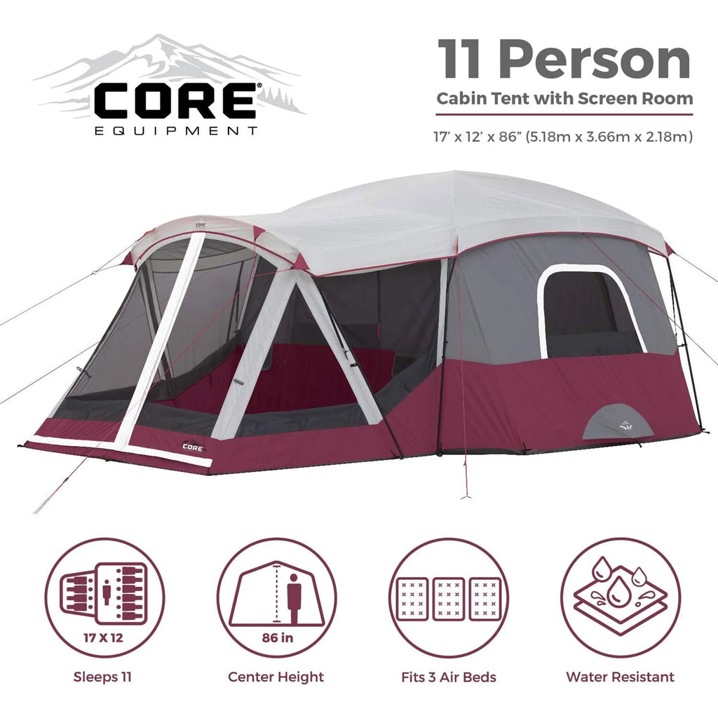 11-Person Camping Cabin Tent with Screen Room, Red X561