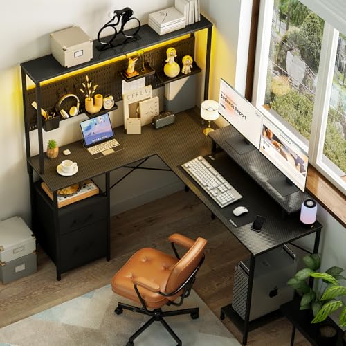 L Shaped Gaming Desk with LED Lights & Power Outlets R612