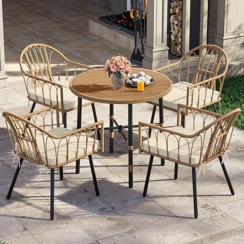 5 Pieces Wicker Patio Dining Table Chair Set with Umbrella Hole E23452