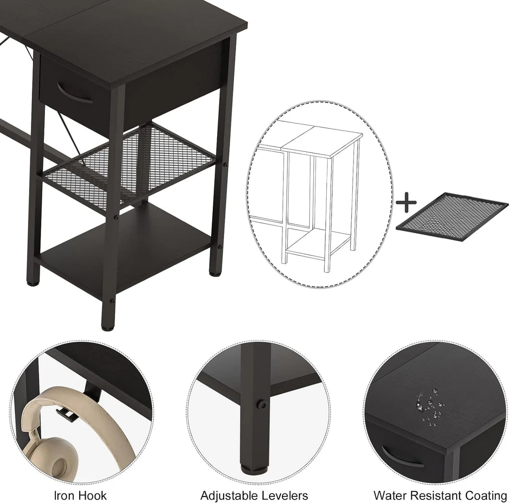 L Shaped Corner Computer Desk with Shelves and Monitor Stand Black O919441
