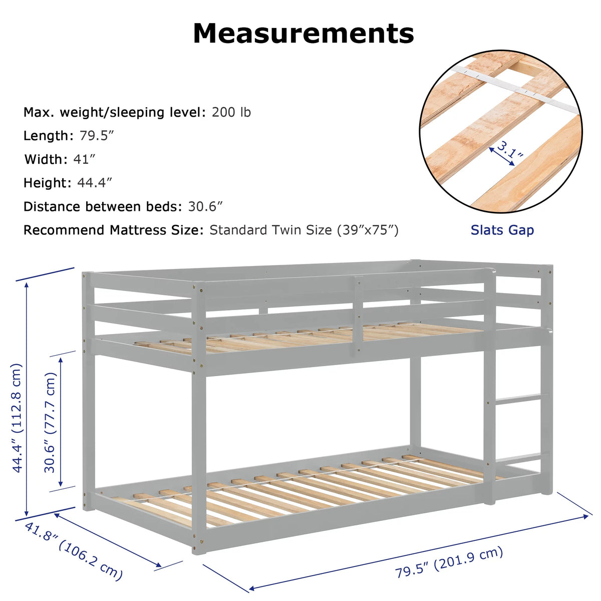 Gray Wood Twin over Twin Bunk Bed with Ladder and Guard Rails W993698