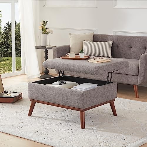 Beige Ottoman Coffee Table with Lid Lifting and Wooden Legs B51697