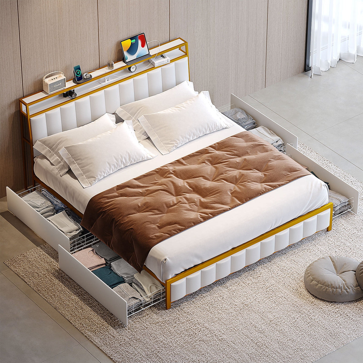 King Bed Frame with Faux Leather Upholstered Headboard and 4 Storage Drawers Z3757