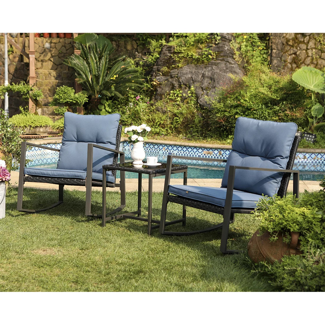 3 Piece Metal Bistro Set with Beige Cushions V511