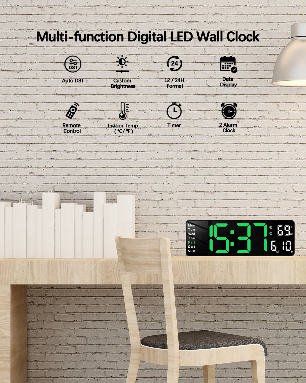 Digital Wall Clock with Large LED Display, Loud Alarm, Remote Control H8634