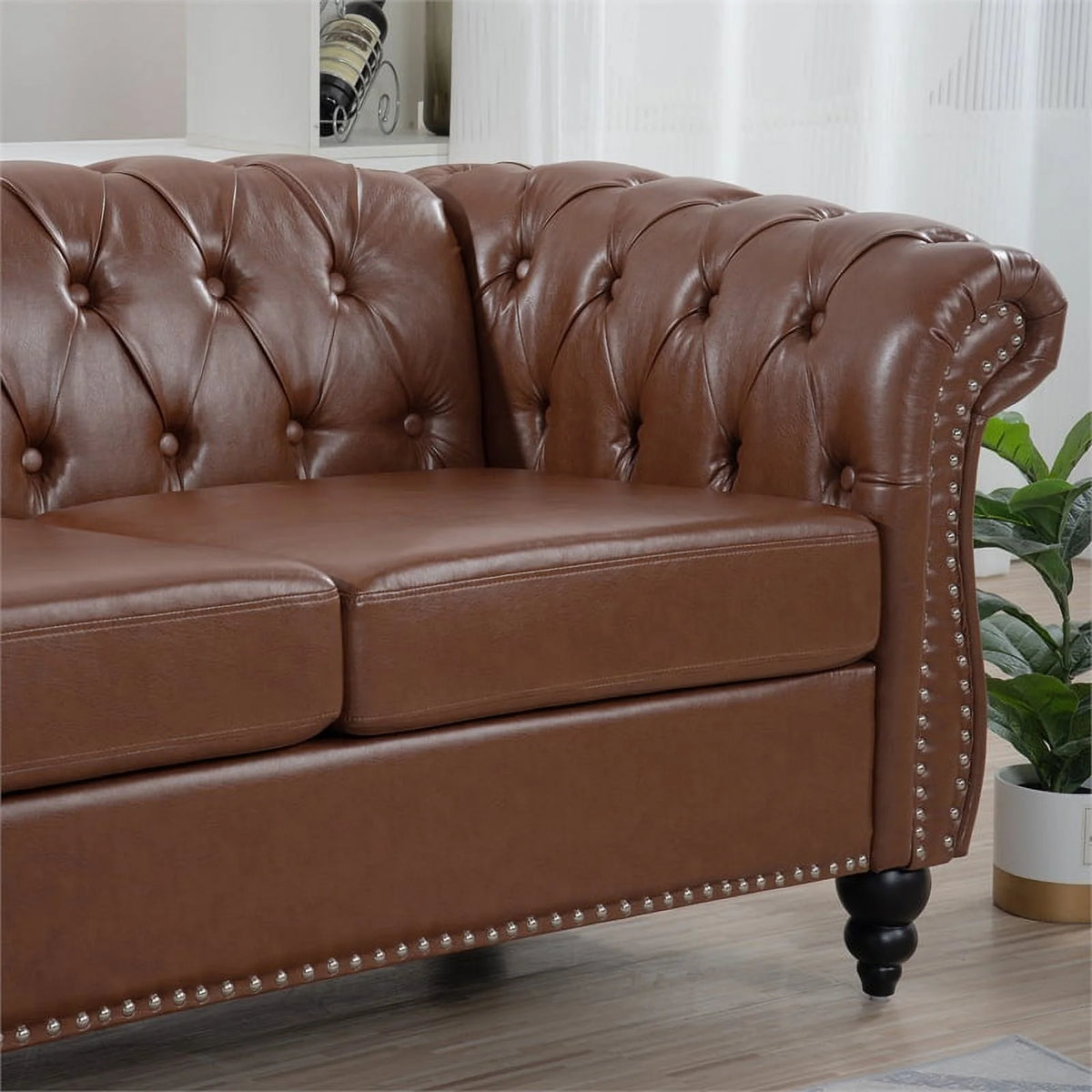 Brown PU Rolled Arm Chesterfield Three Seater Sofa L358710