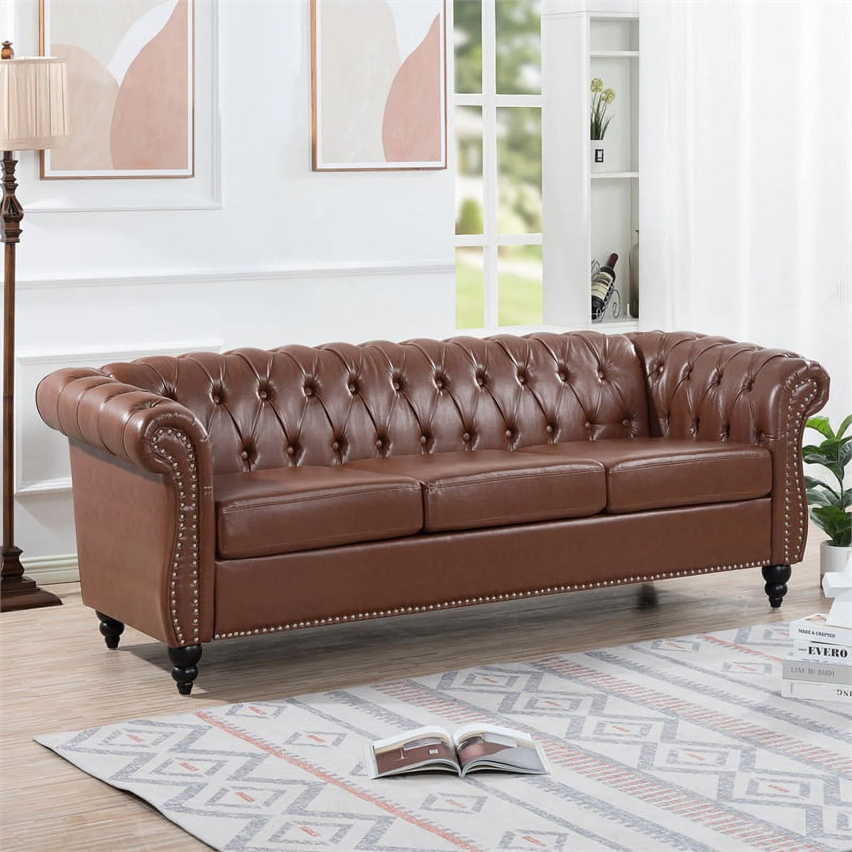 Brown PU Rolled Arm Chesterfield Three Seater Sofa L358710