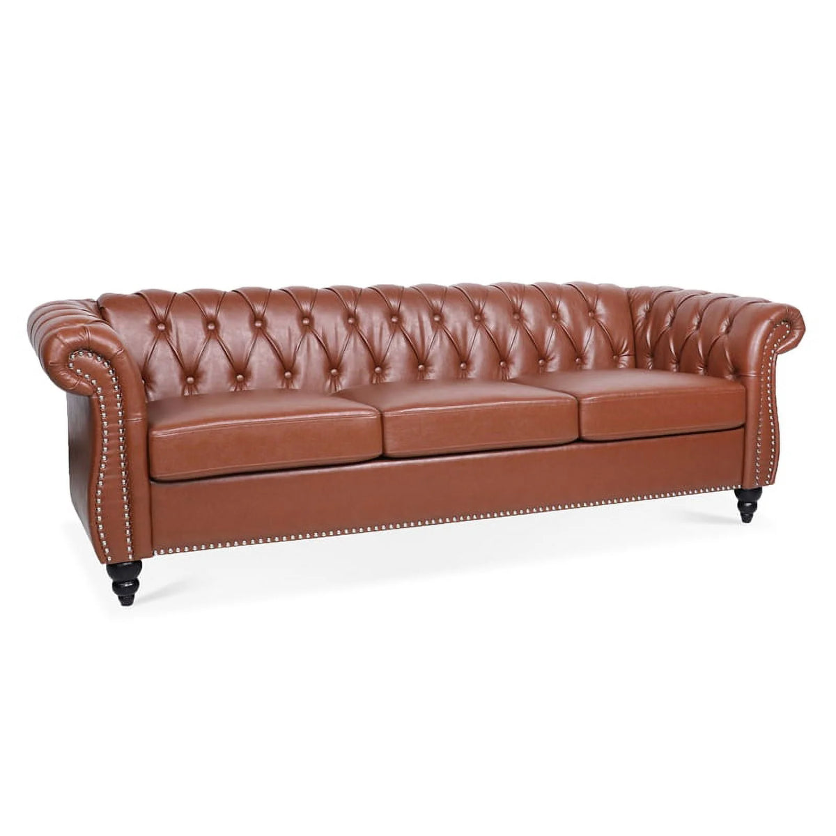 Brown PU Rolled Arm Chesterfield Three Seater Sofa L358710