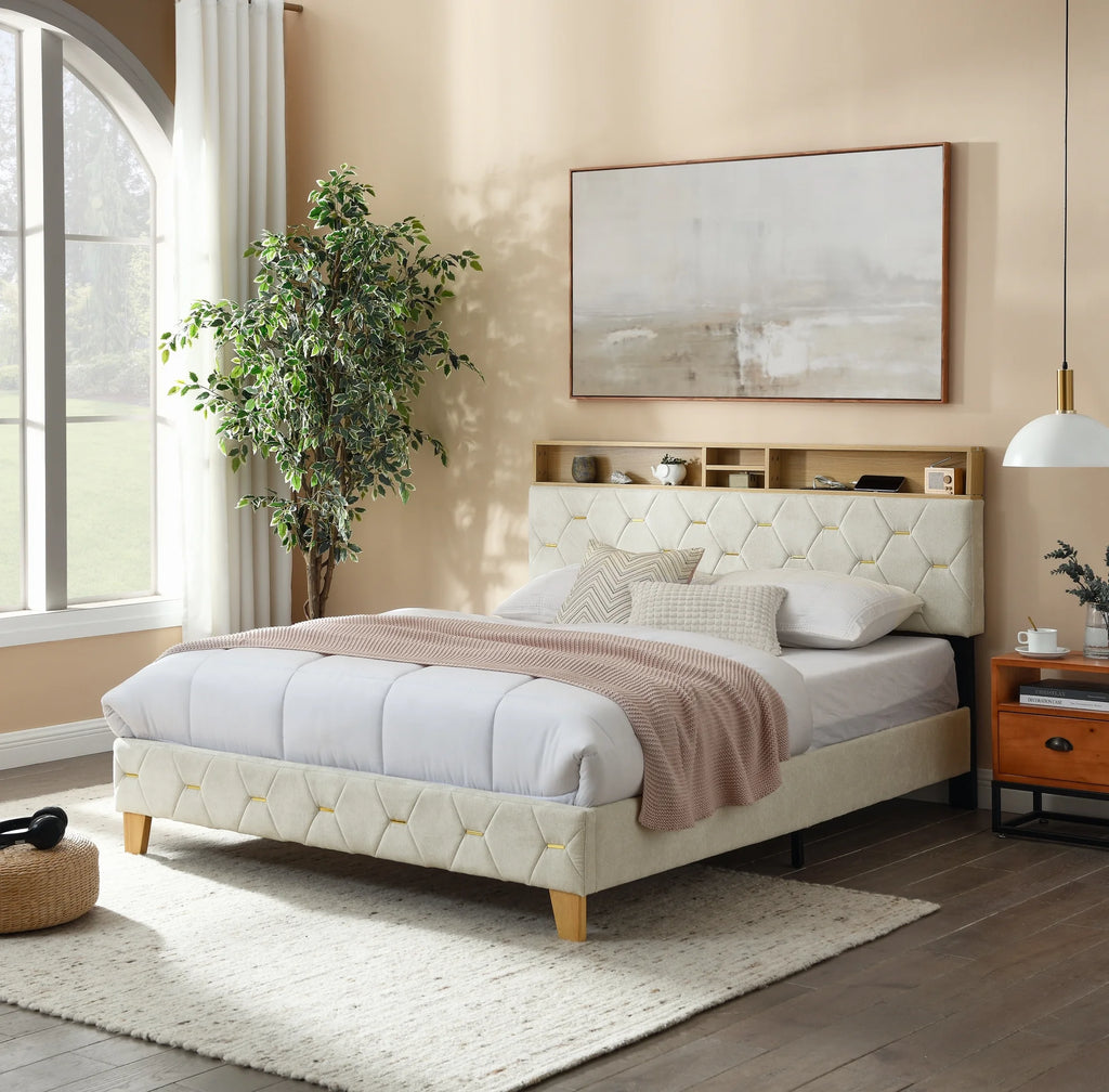 Upholstered Bed 160 x 200 cm with USB and Storage Headboard D1276