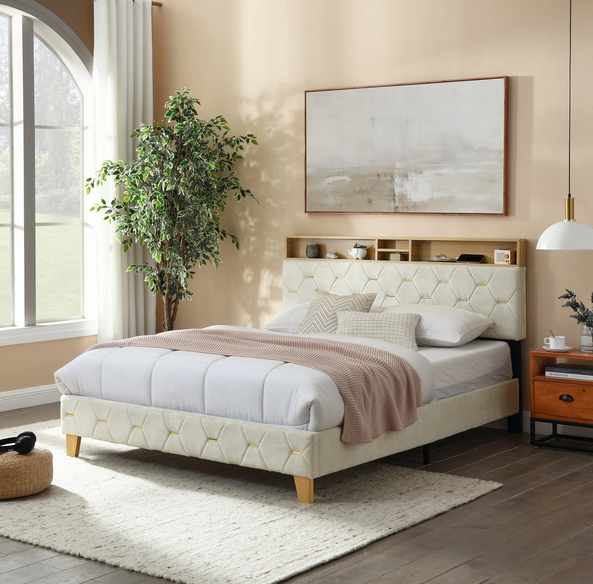 Upholstered Bed 160 x 200 cm with USB and Storage Headboard D1276