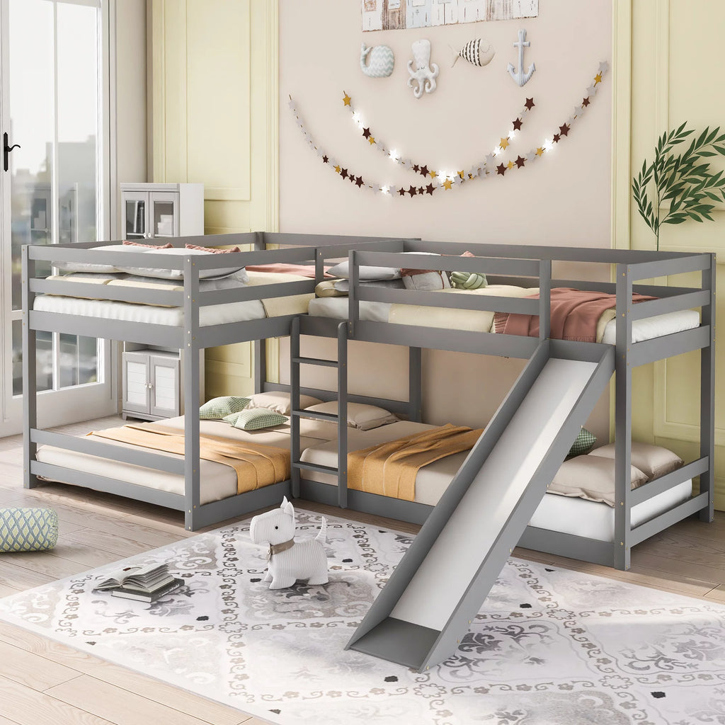 Full and Twin Size L-Shaped Bunk Bed with Slide and Short Ladder C832