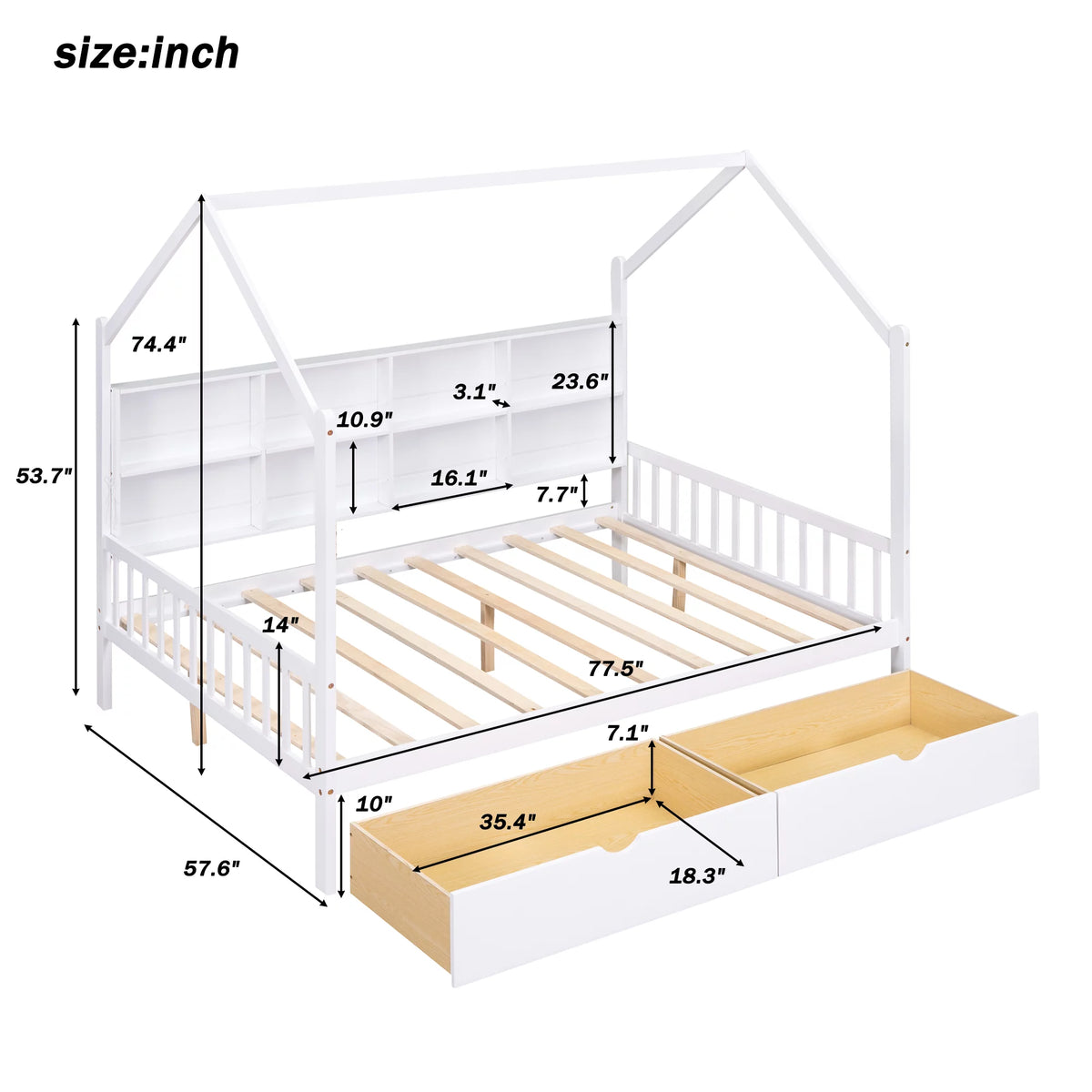 White Wood Full House Bed with Storage Drawers and Shelves R8030