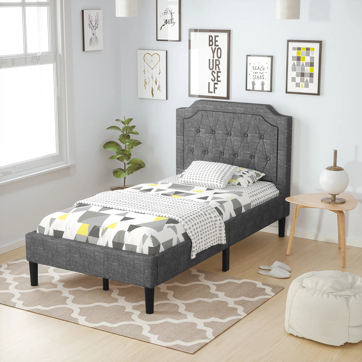 Twin Upholstered Platform Bed Frame with Linen Headboard, Grey C833357