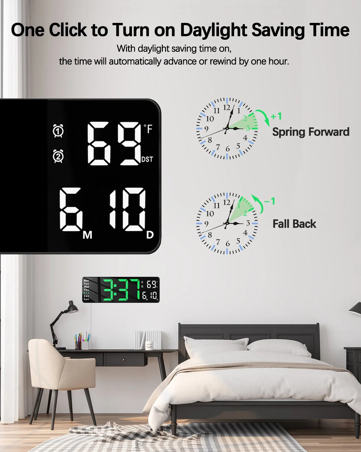 Digital Wall Clock with Large LED Display, Loud Alarm, Remote Control H8634