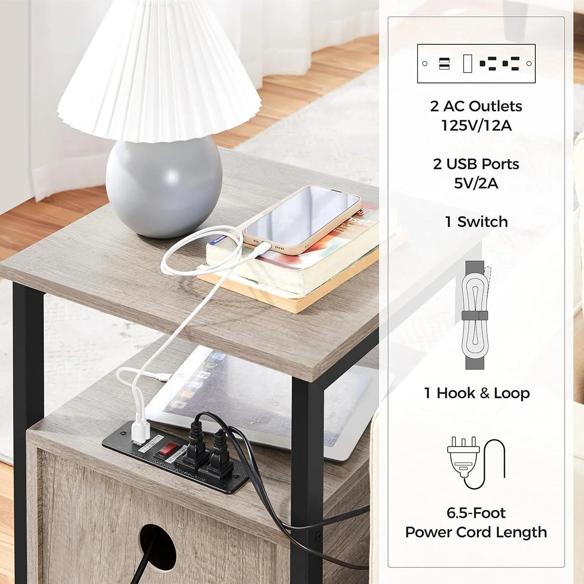 Gray Nightstand with Charging Station and Storage Drawers M7447
