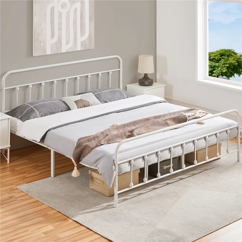 White California King Iron Platform Bed with Headboard and Footboard L22552