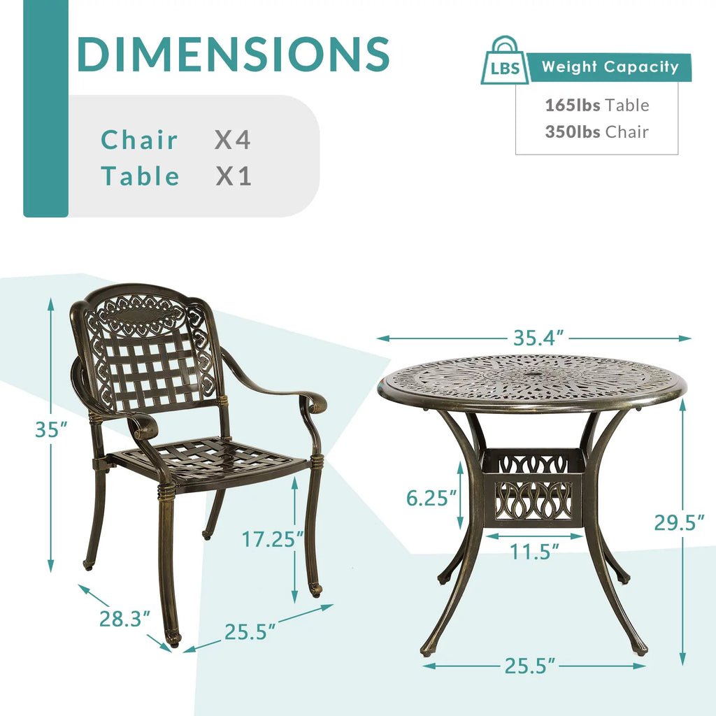 5 Piece All-Weather Cast Aluminum Patio Dining Set with Umbrella Hole V5124