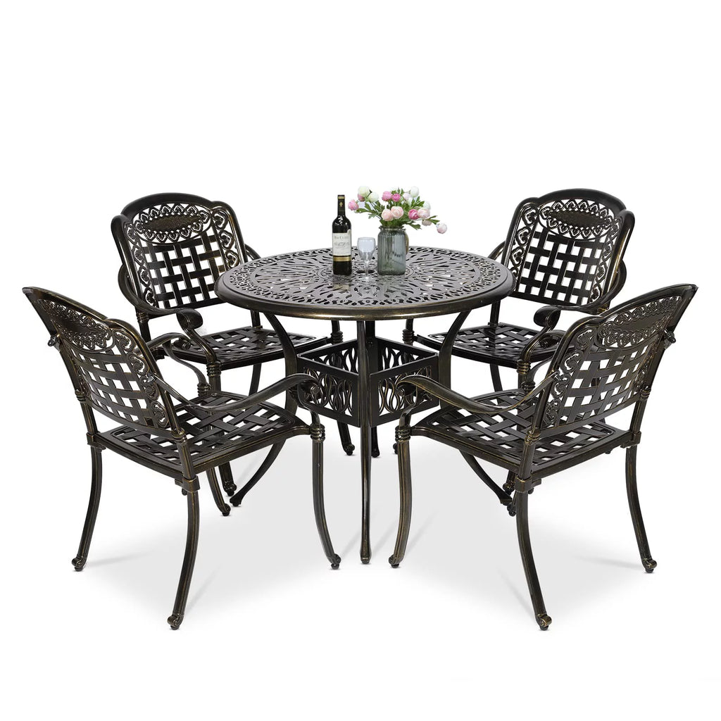 5 Piece All-Weather Cast Aluminum Patio Dining Set with Umbrella Hole V5124