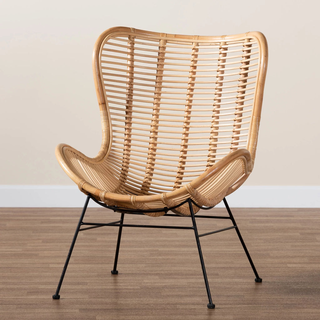 Natural Brown Rattan and Black Metal Accent Chair U7423