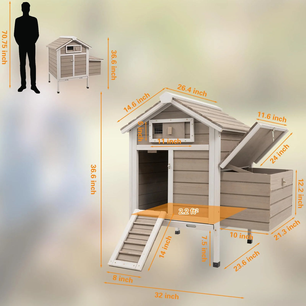Grey Wooden Chicken Coop with Nesting Box and Ramp P539633