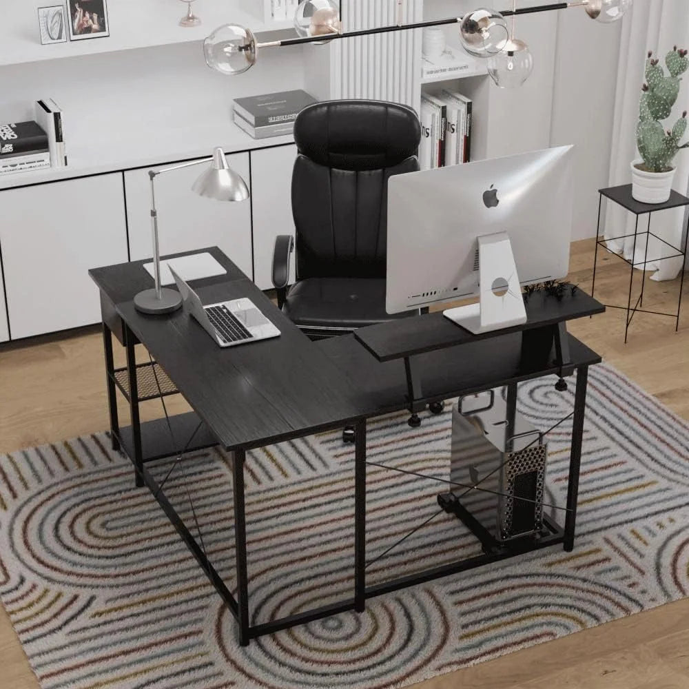 L Shaped Corner Computer Desk with Shelves and Monitor Stand Black O919441
