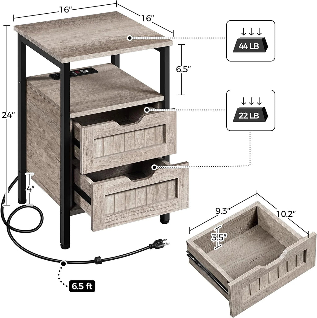Gray Nightstand with Charging Station and Storage Drawers M7447