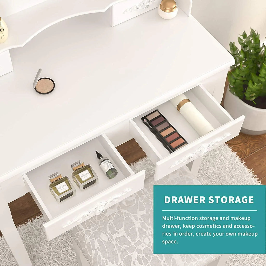 White Dressing Table and Stool Set with 4 Drawers & Mirror R22744