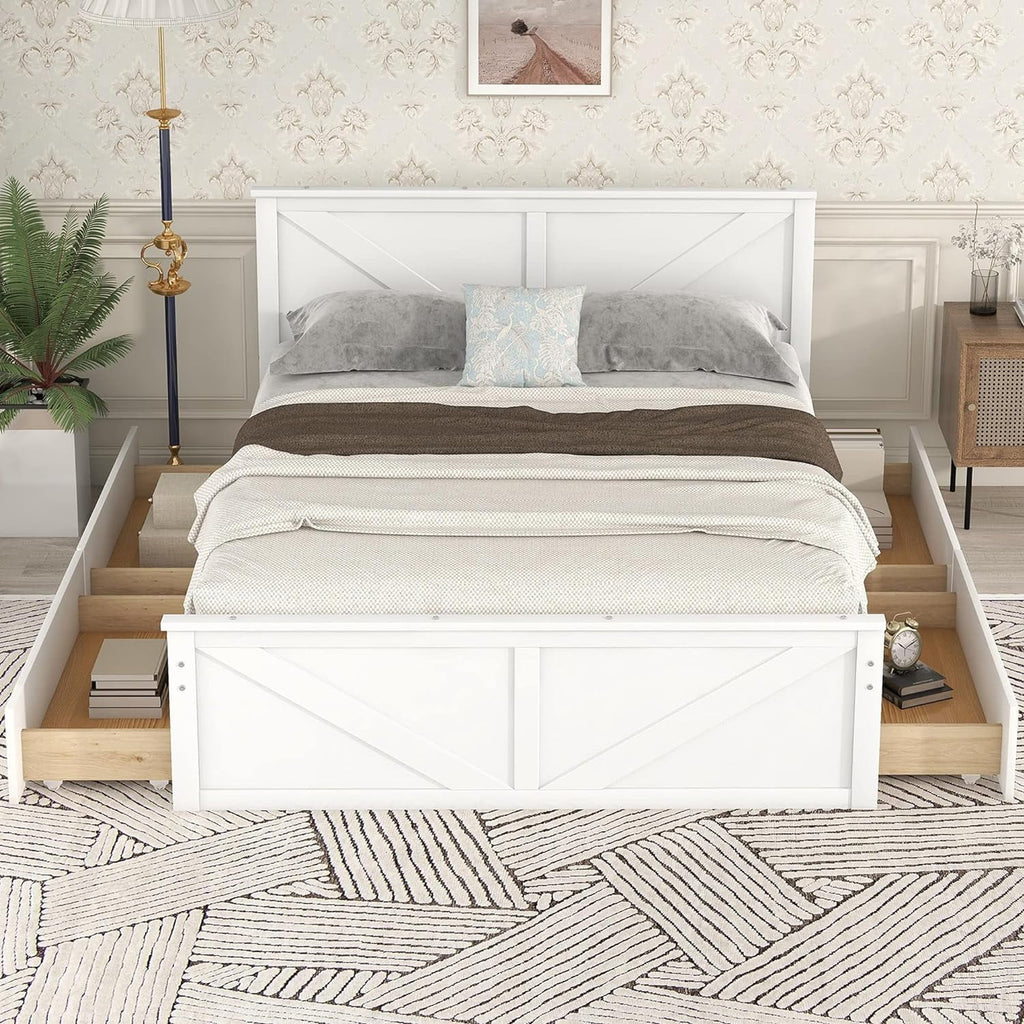 White Queen Size Platform Bed with 4 Drawers O844902