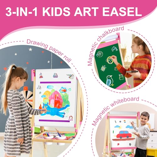 Adjustable Wooden Kids Art Easel with White Board and Chalk Board J30616