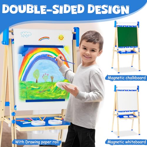 Adjustable Wooden Kids Art Easel with White Board and Chalk Board J30616