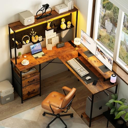 L Shaped Gaming Desk with LED Lights & Power Outlets R612
