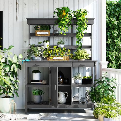 66" Wooden Potting Bench with Drawers Cabinet and Shelves A743794