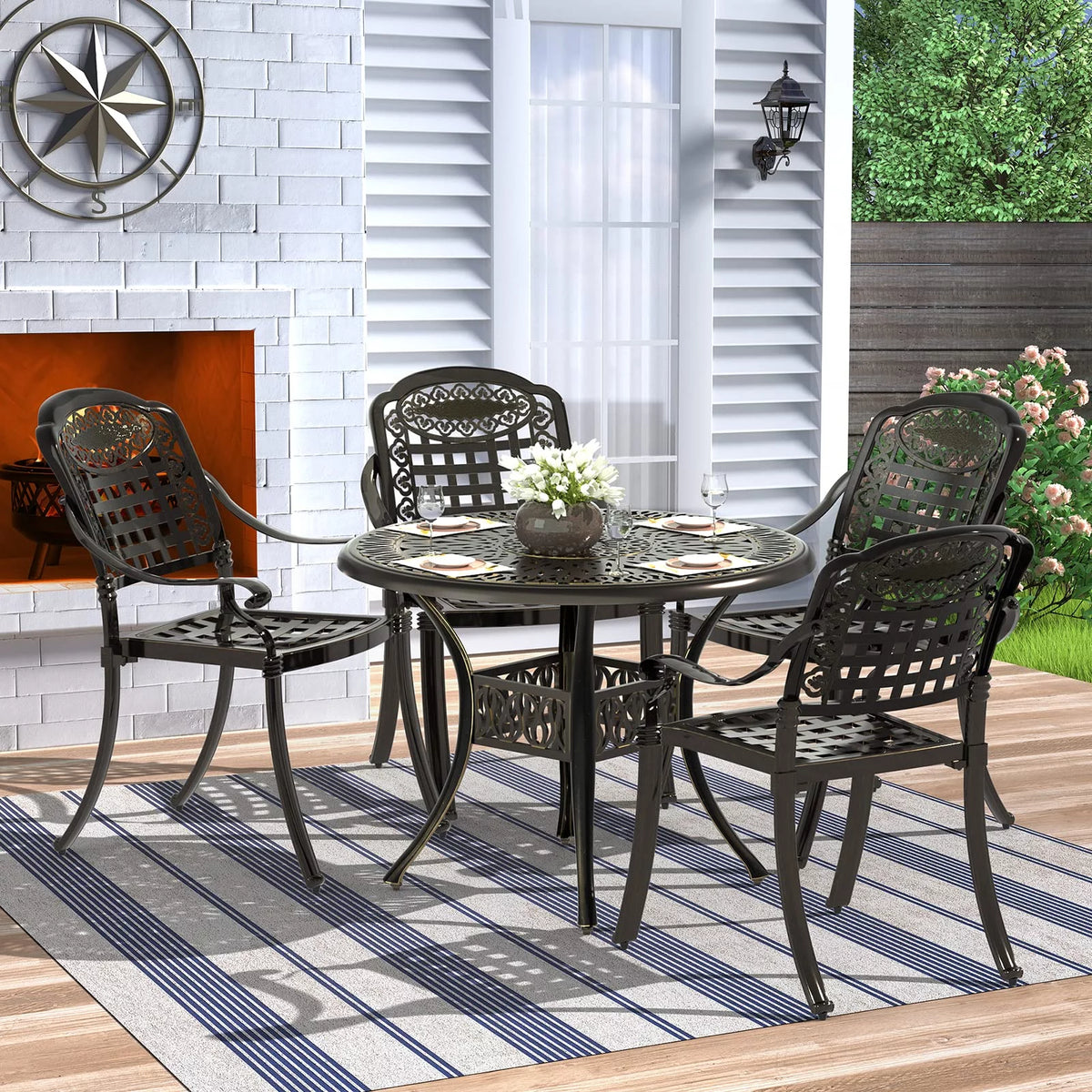 5 Piece All-Weather Cast Aluminum Patio Dining Set with Umbrella Hole V5124