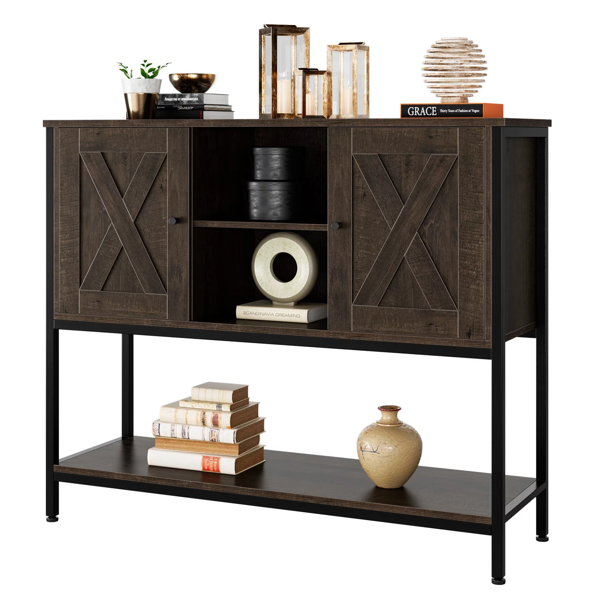 Dark Brown Console Cabinet with Doors and Shelves K9456