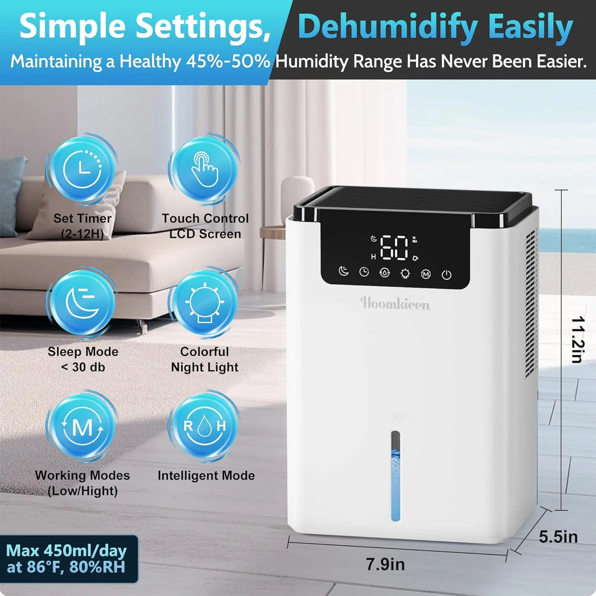 68 oz Portable Dehumidifier with Touch Control LCD Screen V5231