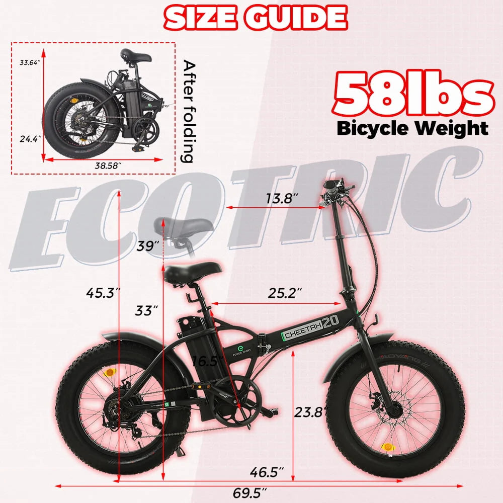 20 Folding Electric Bike Fat Tire 48V 500W Black N45709
